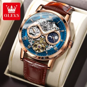 OLEVS Top Marke Männer Skeleton Mechanische Uhr - Wasserdicht, Lederband, Mondphase, Tourbillon Armbanduhr